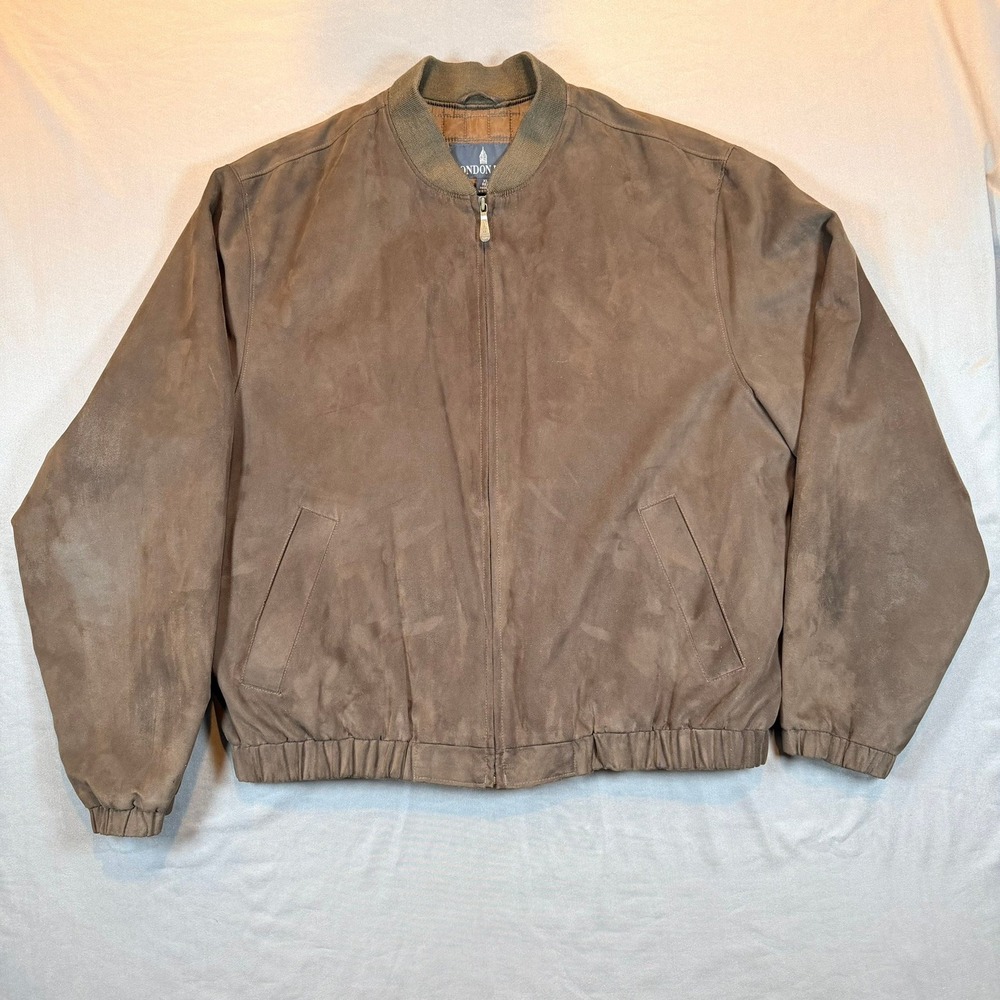 London Fog Mens XL Brown Faux Suede Bomber Jacket Quilted Fleece Lined Full Zip